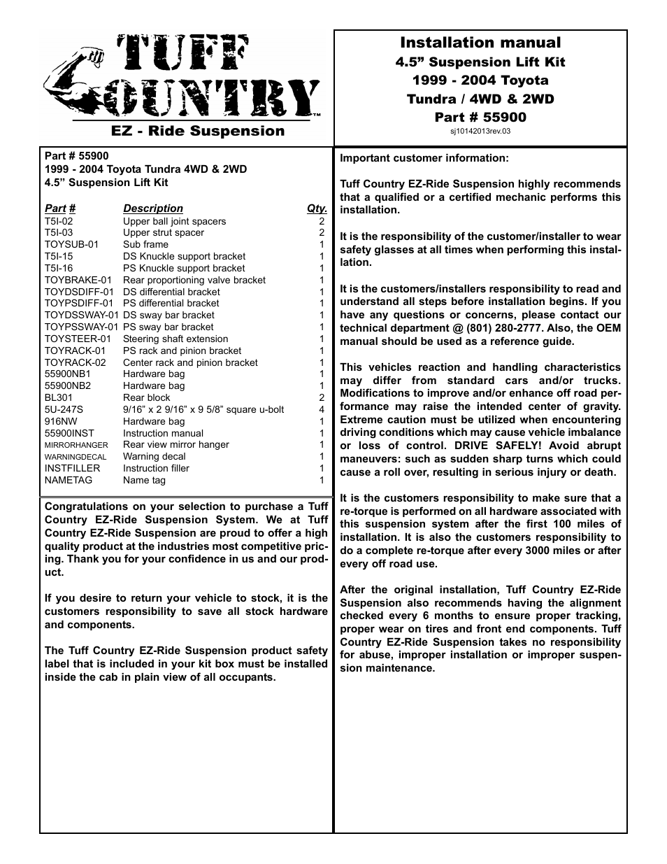 Tuff Country 55900 - Toyota Tundra 99-04 4.5 kit User Manual | 13 pages