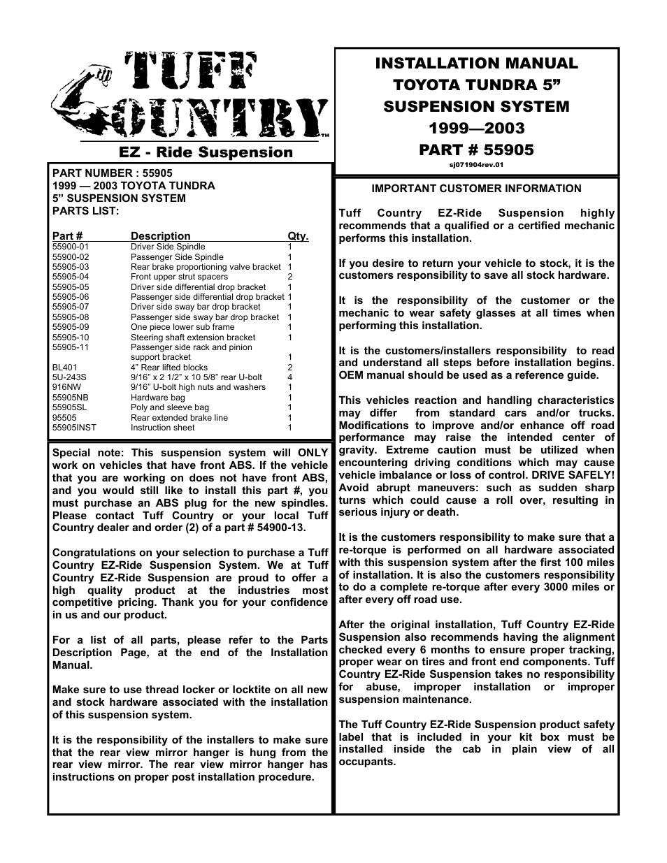 Tuff Country 55905 - Toyota Tundra 99-03 knuckle 5 lift kit User Manual | 25 pages