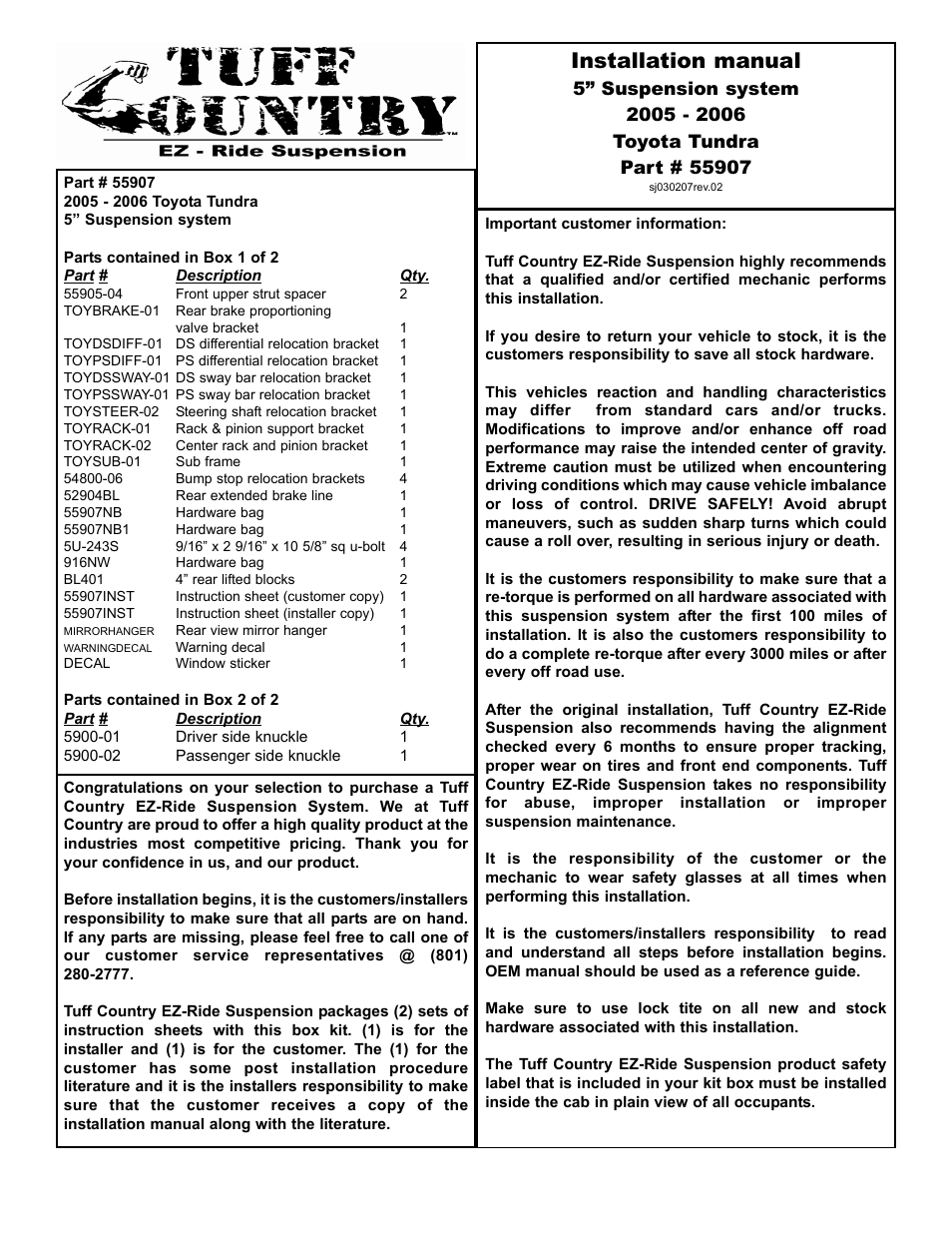 Tuff Country 55907 - Toyota Tundra 05-06 knuckle 5 lift kit User Manual | 39 pages