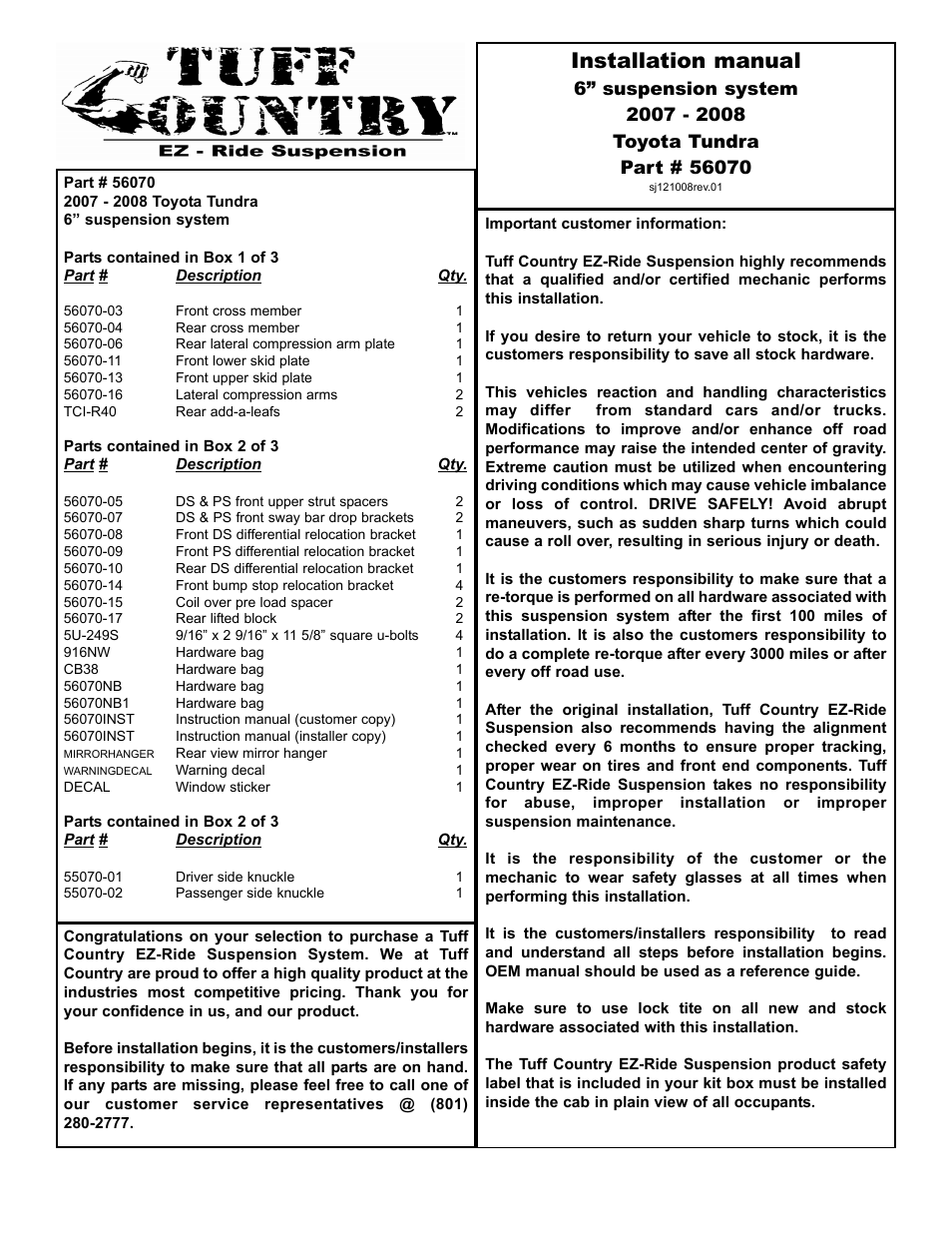 Tuff Country 56070 - Toyota Tundra 07-14 6 lift kit User Manual | 15 pages
