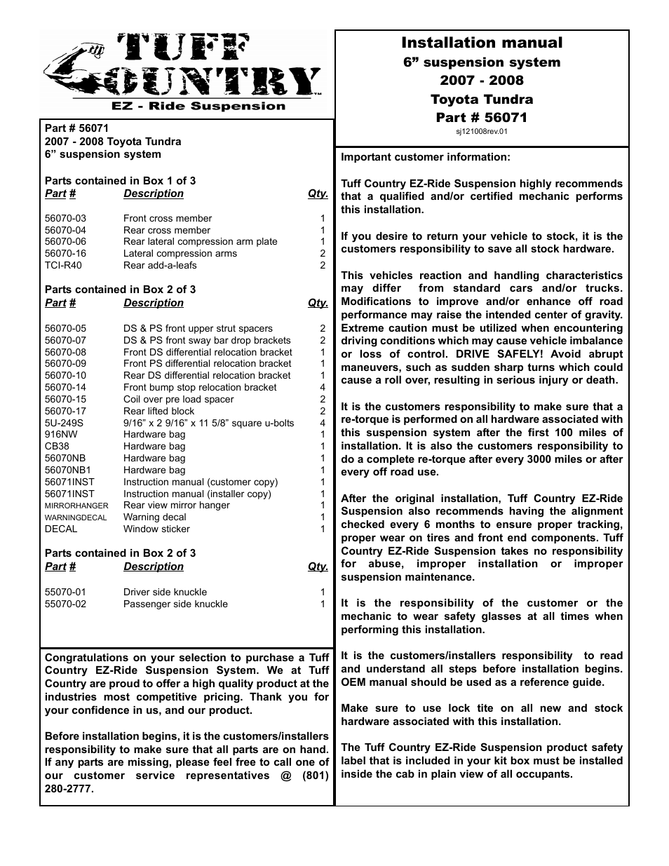 Tuff Country 56071 - Toyota Tundra 07-14 6 lift kit User Manual | 15 pages