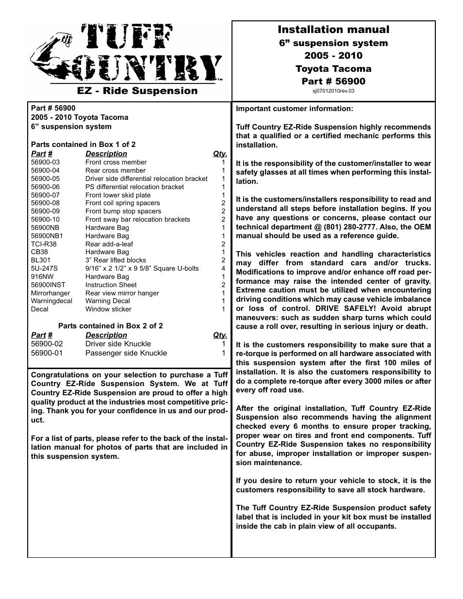 Tuff Country 56900 - Toyota Tacoma 05-14 6 lift kit User Manual | 22 pages