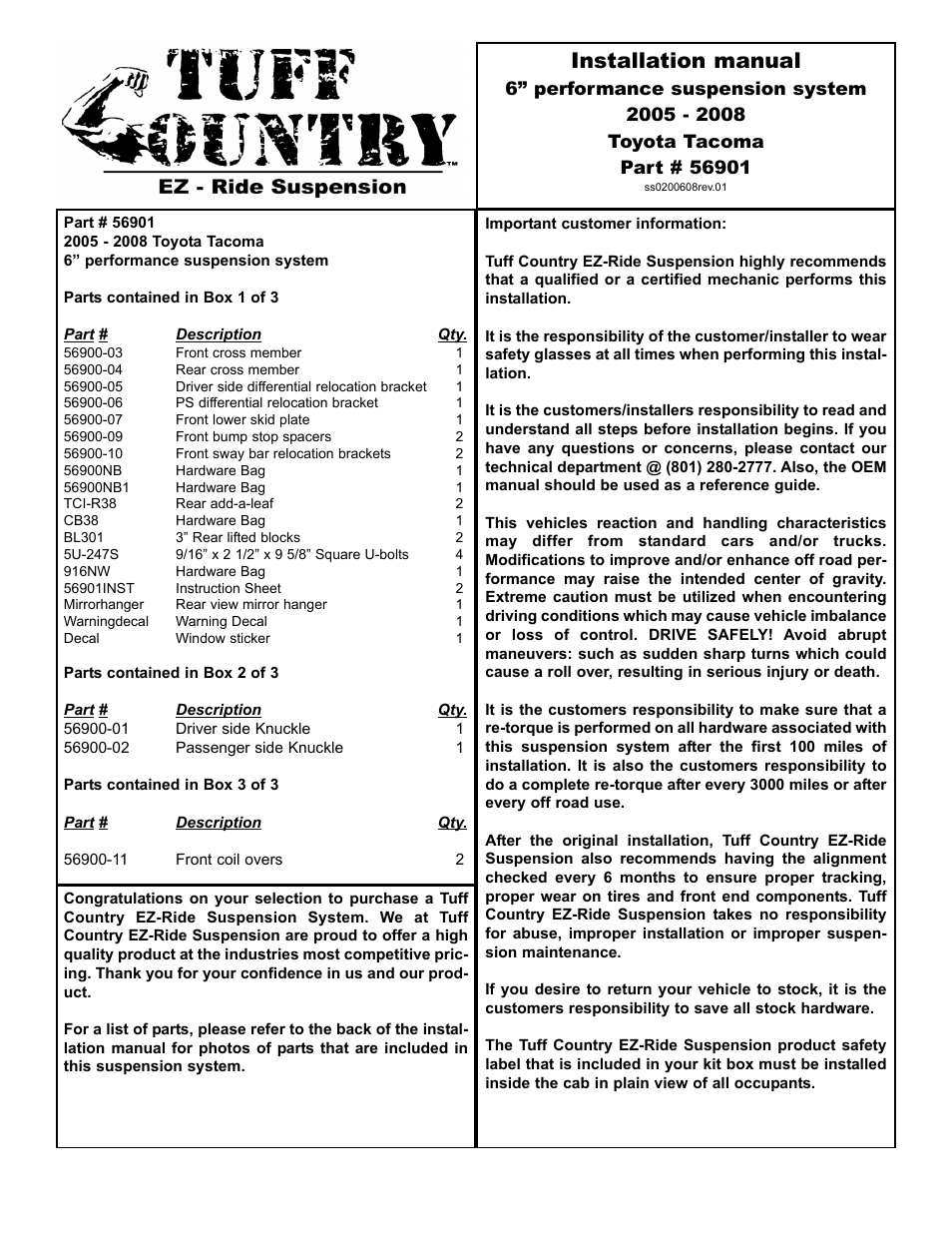 Tuff Country 56901 - Toyota Tacoma 05-14 performance 6 lift kit User Manual | 20 pages