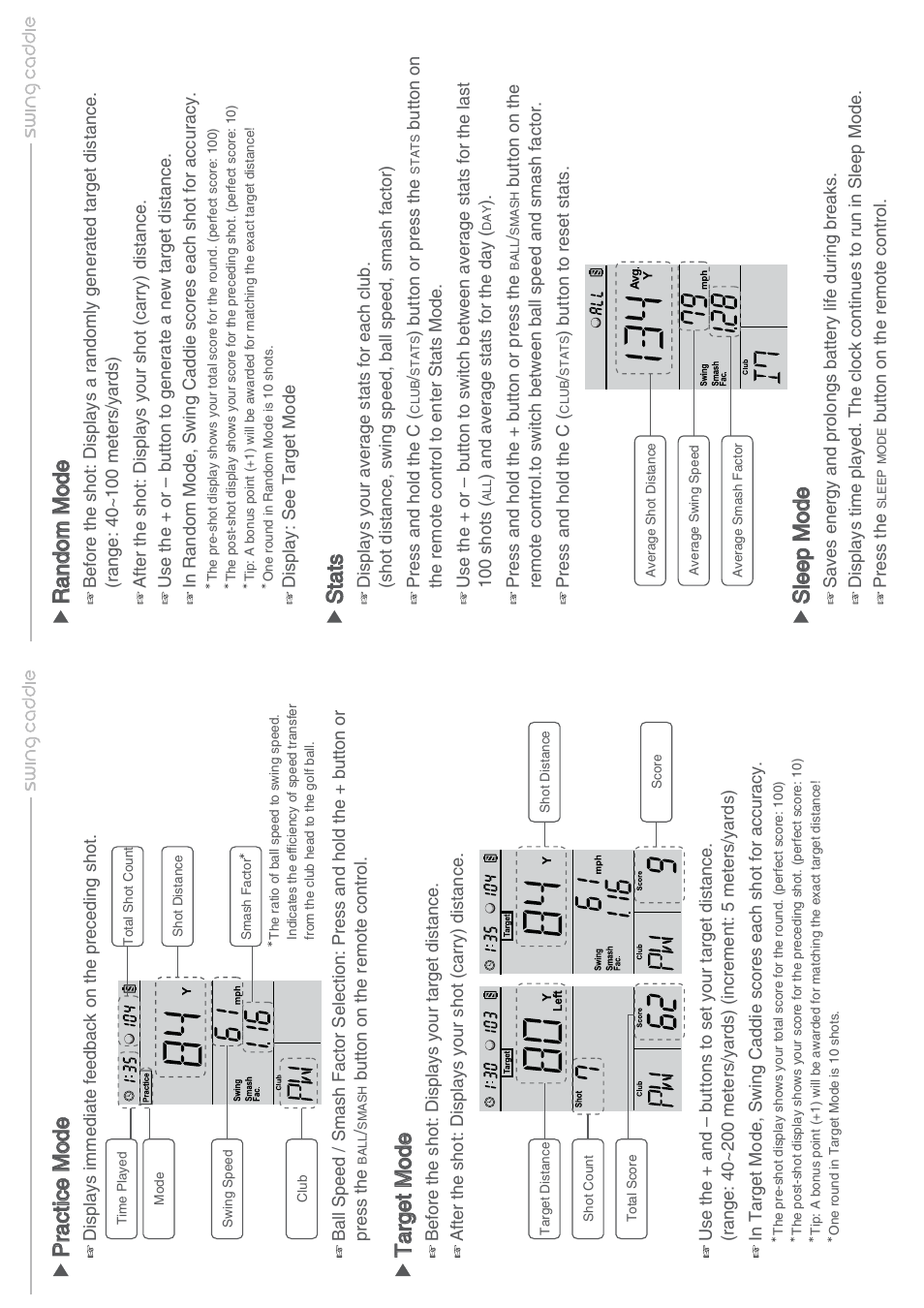 Practice modep ra ct ic e m od e, Random moder an do m m od e, Statss ta ts | Target modet ar ge t m od e, Sleep modes le ep m od e | Voice Caddie SC100 User Manual | Page 2 / 2
