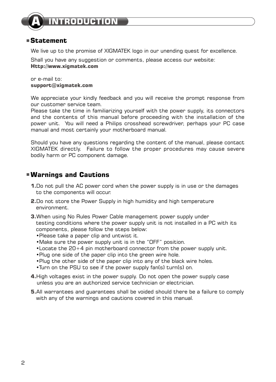 Introduction, Statement warnings and cautions | XIGMATEK NRP-HC1001 User Manual | Page 3 / 62
