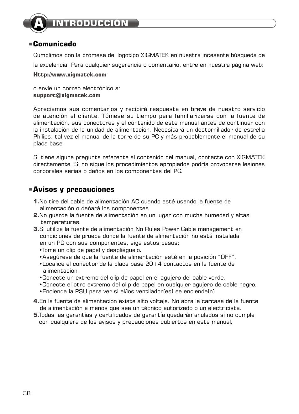 Introducción, Comunicado avisos y precauciones | XIGMATEK NRP-HC1001 User Manual | Page 39 / 62