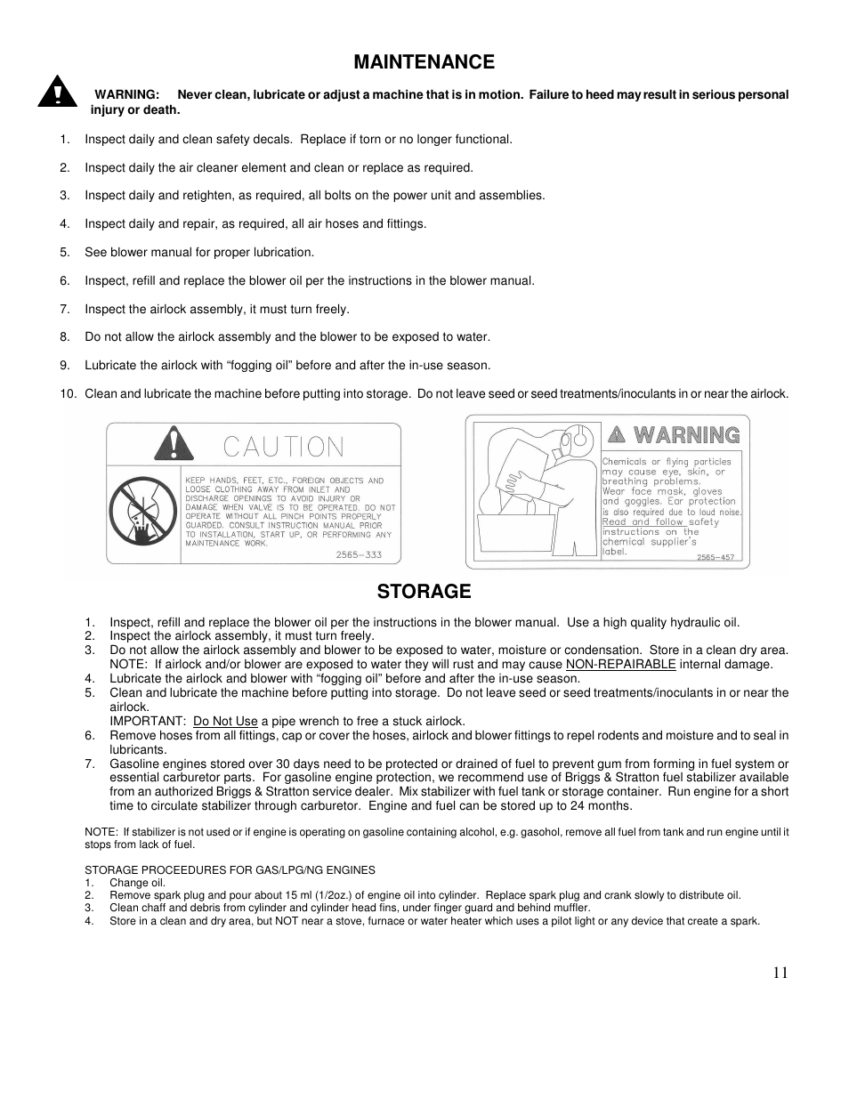 Maintenance, Storage | Yetter 1300 Seed Jet II User Manual | Page 11 / 28