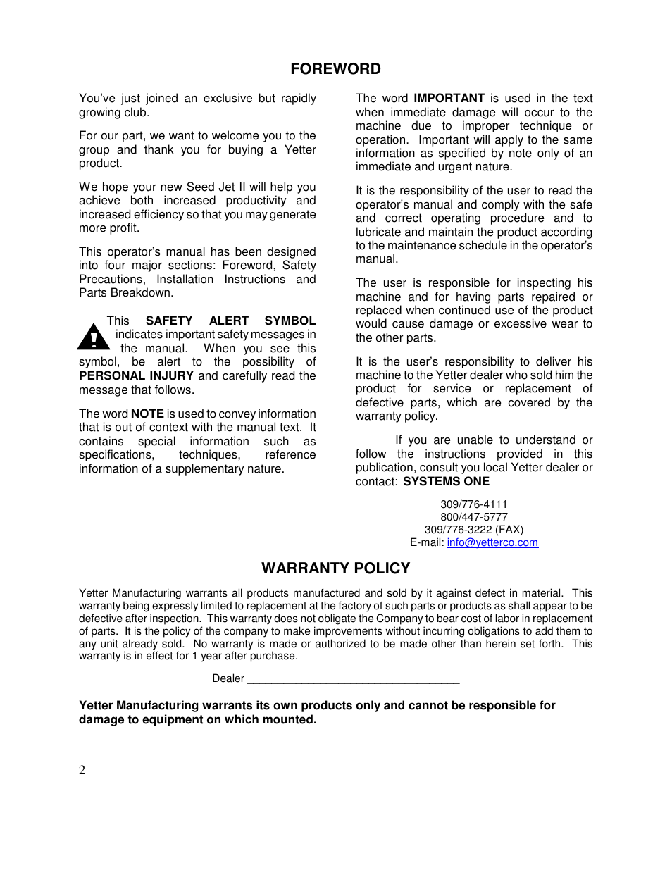 Foreword, Warranty policy | Yetter 1300 Seed Jet II User Manual | Page 2 / 28