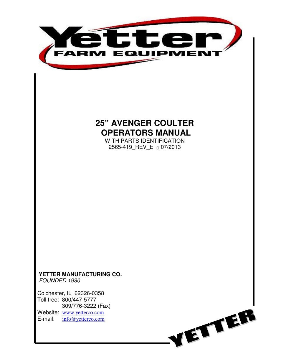 Yetter Avenger 25 User Manual | 40 pages