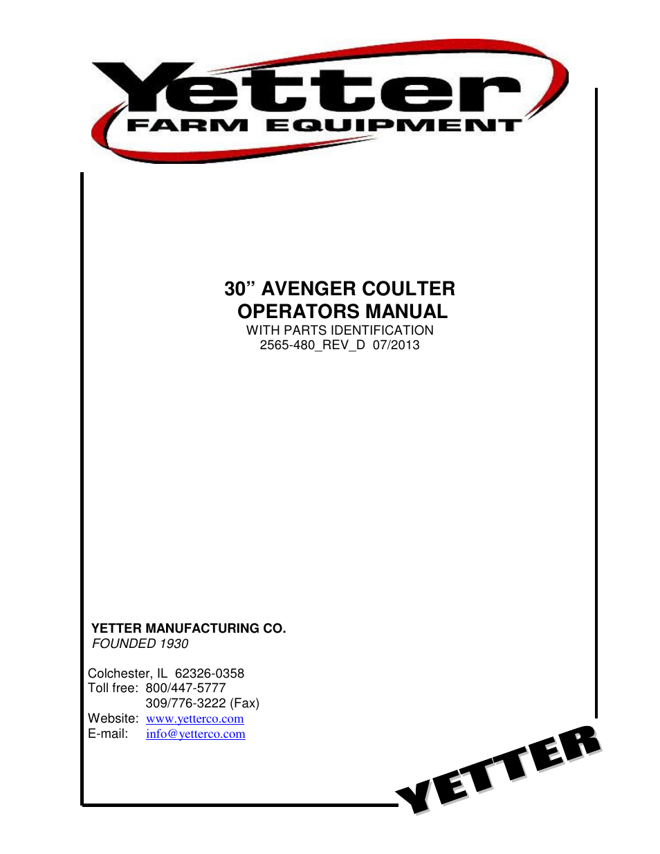 Yetter Avenger 30 Coulter User Manual | 28 pages