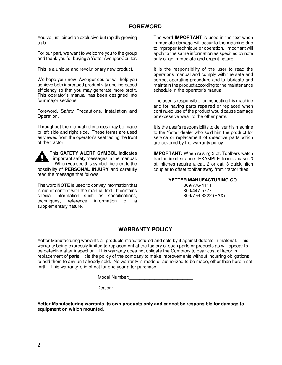 Yetter Avenger 30 Coulter User Manual | Page 2 / 28