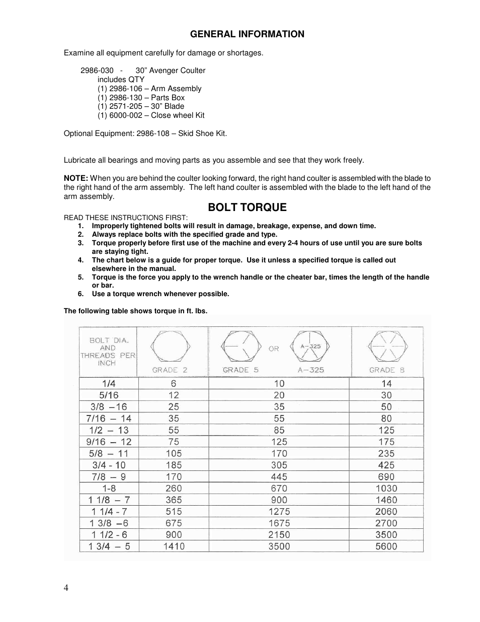 Bolt torque | Yetter Avenger 30 Coulter User Manual | Page 4 / 28