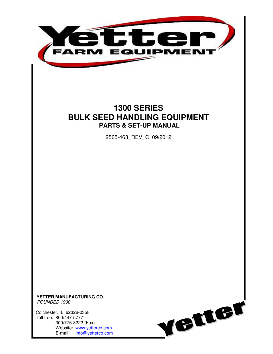 Yetter 1300 Series Bulk Seed Handling Equipment User Manual | 54 pages