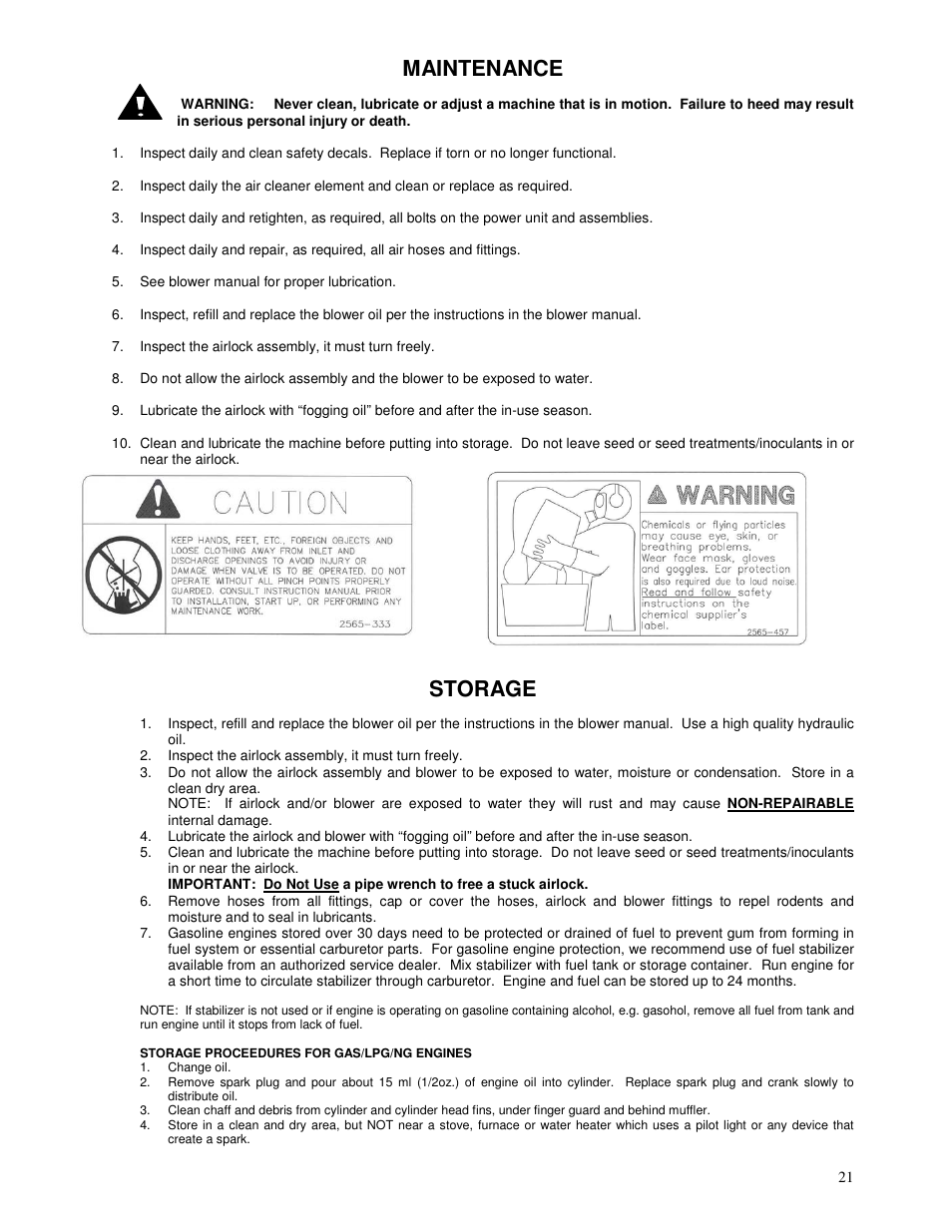 Maintenance, Storage | Yetter 1300 Series Bulk Seed Handling Equipment User Manual | Page 21 / 54