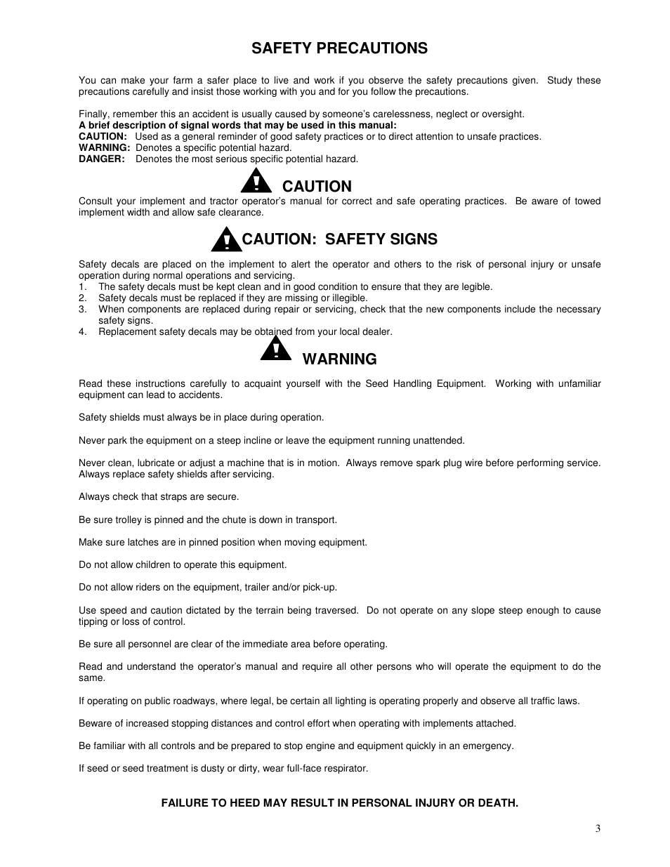 Safety precautions, Caution, Caution: safety signs | Warning | Yetter 1300 Series Bulk Seed Handling Equipment User Manual | Page 3 / 54