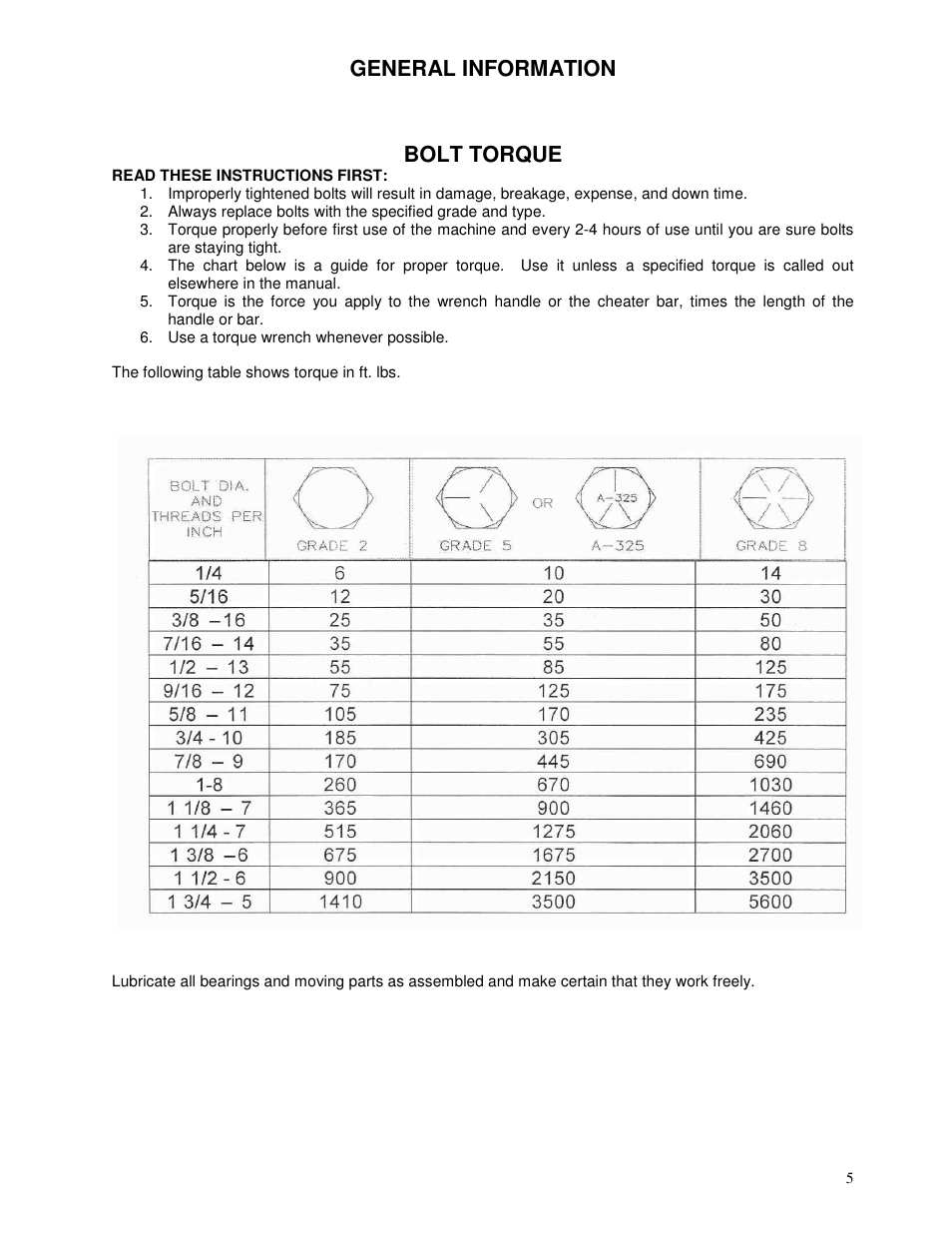 General information, Bolt torque | Yetter 1300 Series Bulk Seed Handling Equipment User Manual | Page 5 / 54