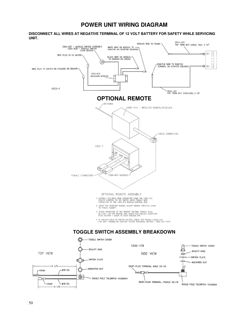 Power unit wiring diagram, Optional remote | Yetter 1300 Series Bulk Seed Handling Equipment User Manual | Page 50 / 54