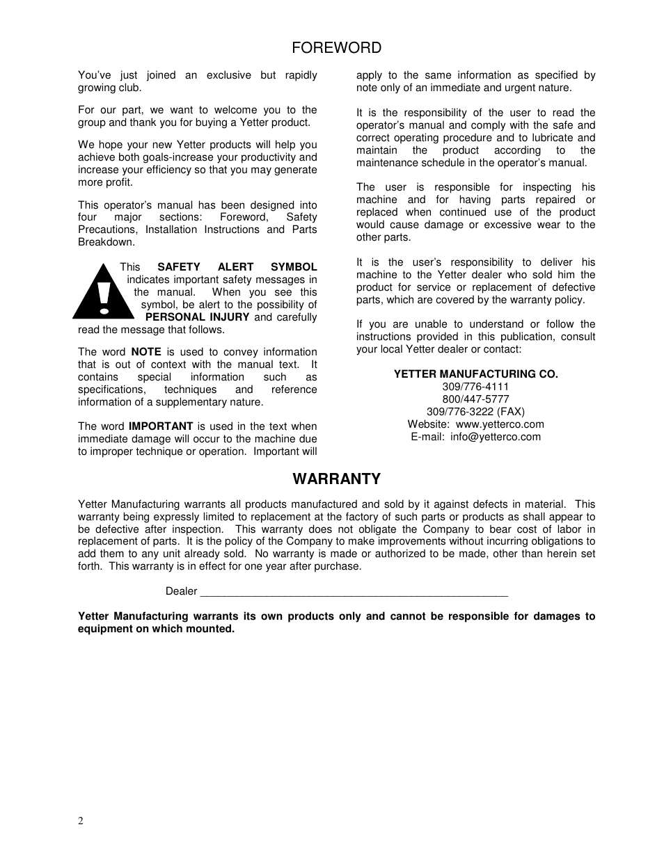 Foreword, Warranty | Yetter 1310-010 Maximizer User Manual | Page 2 / 44