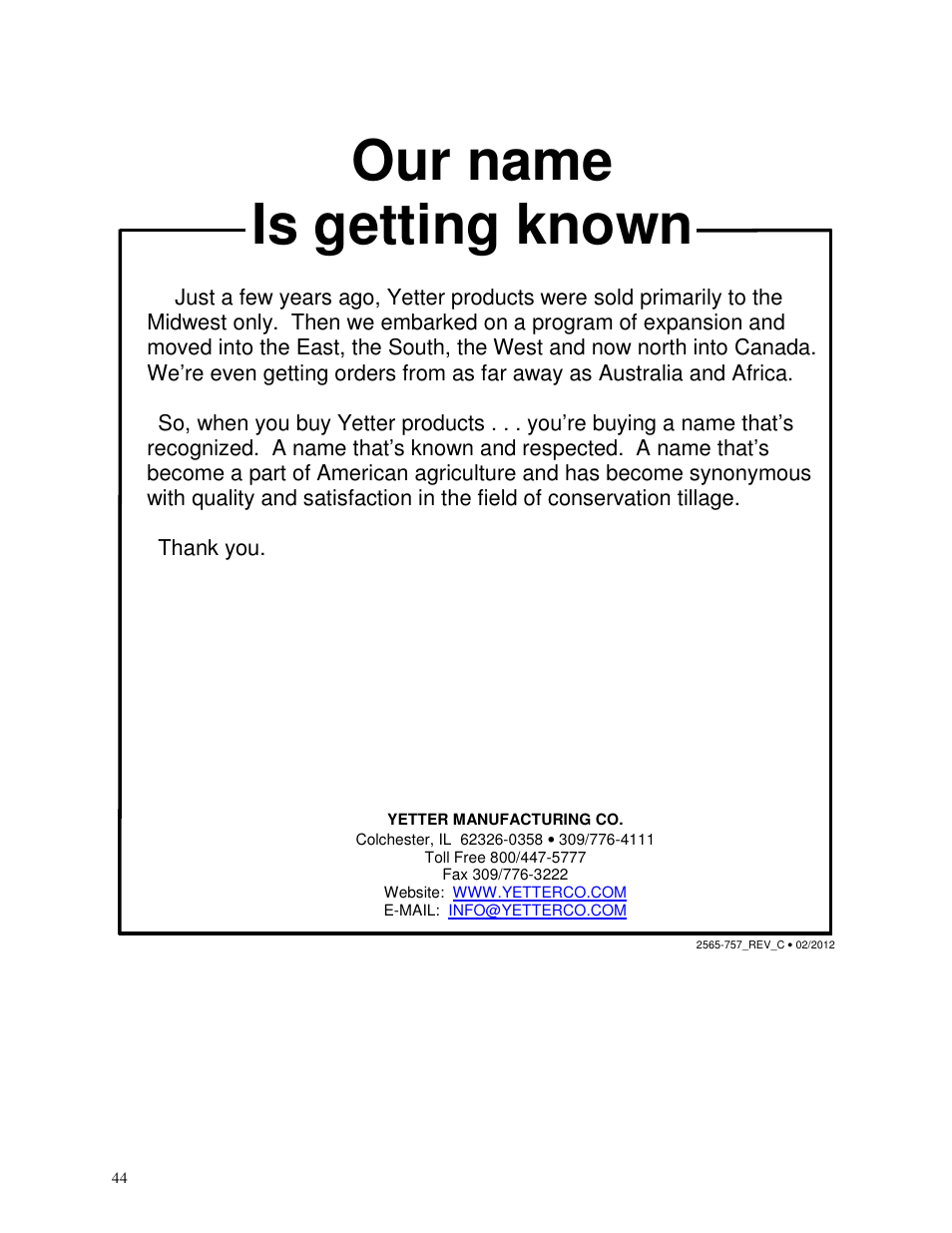 Our name is getting known | Yetter 1310-010 Maximizer User Manual | Page 44 / 44