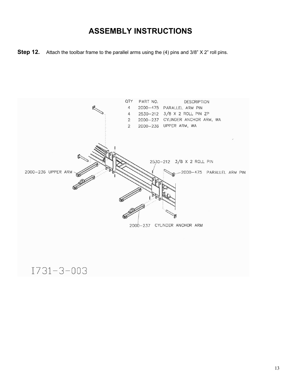 Assembly instructions | Yetter 2000 Series AllSteer Plus Fertilizer Toolbar User Manual | Page 13 / 52