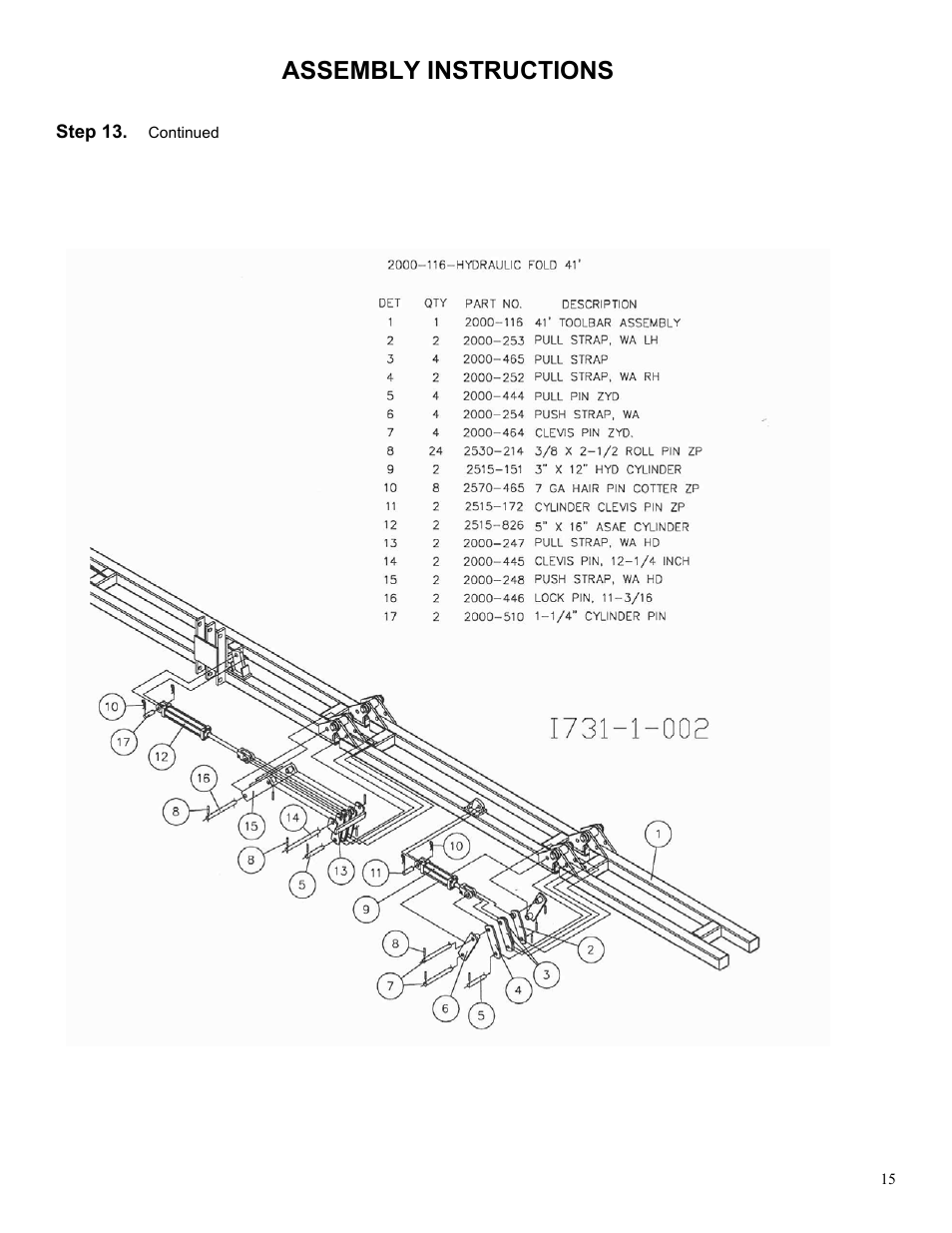 Assembly instructions | Yetter 2000 Series AllSteer Plus Fertilizer Toolbar User Manual | Page 15 / 52