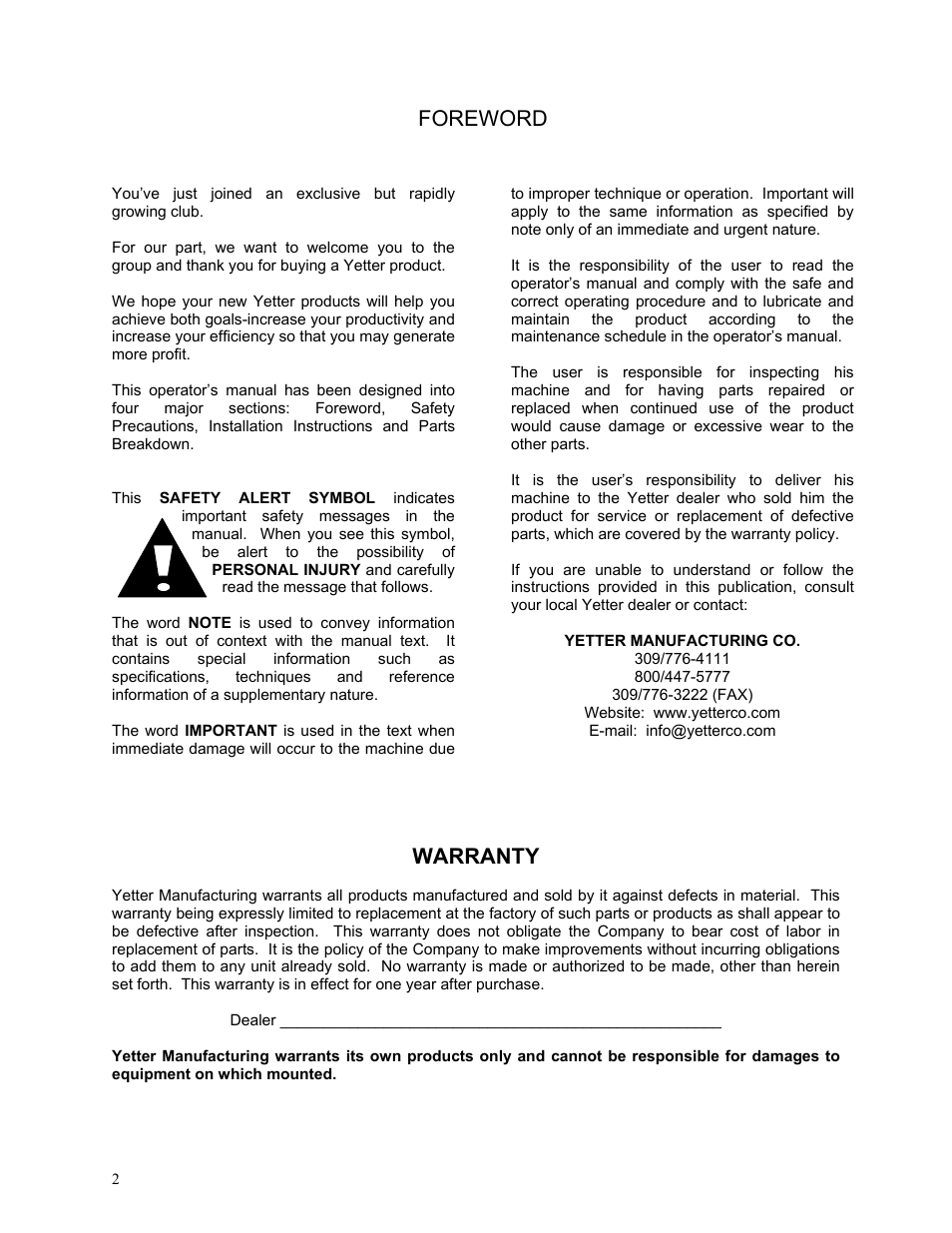 Foreword, Warranty | Yetter 2000 Series AllSteer Plus Fertilizer Toolbar User Manual | Page 2 / 52