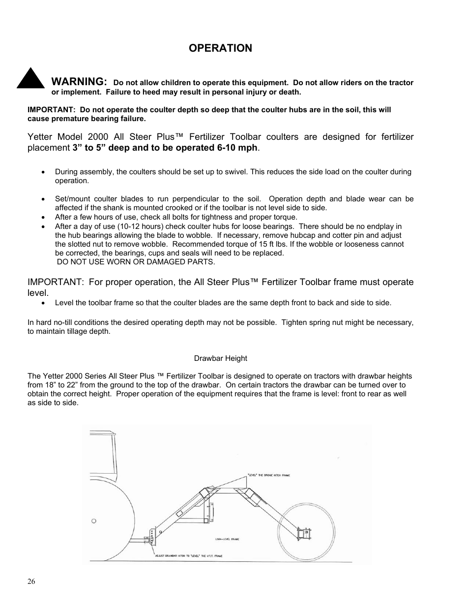 Operation, Warning | Yetter 2000 Series AllSteer Plus Fertilizer Toolbar User Manual | Page 26 / 52