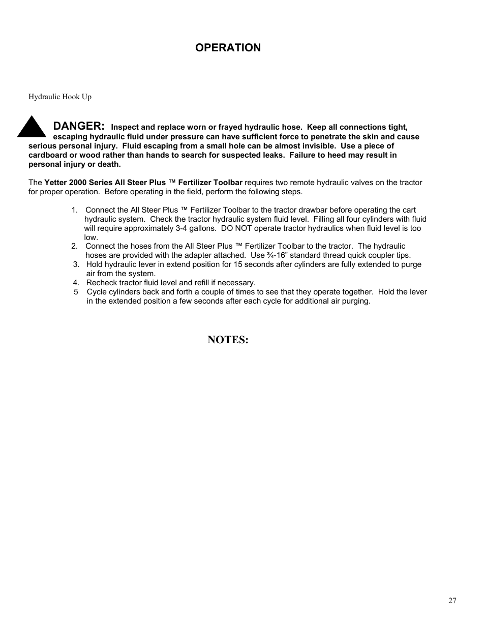 Operation, Danger | Yetter 2000 Series AllSteer Plus Fertilizer Toolbar User Manual | Page 27 / 52