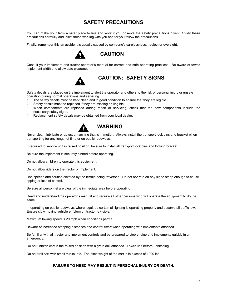 Safety precautions, Caution, Caution: safety signs | Warning | Yetter 2000 Series AllSteer Plus Fertilizer Toolbar User Manual | Page 3 / 52