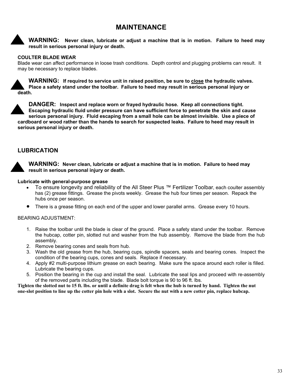 Maintenance | Yetter 2000 Series AllSteer Plus Fertilizer Toolbar User Manual | Page 33 / 52