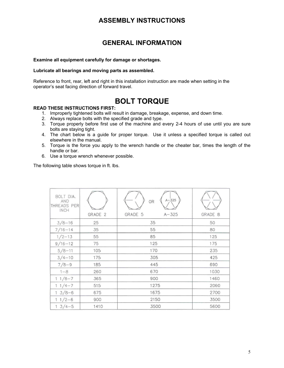 Bolt torque, Assembly instructions general information | Yetter 2000 Series AllSteer Plus Fertilizer Toolbar User Manual | Page 5 / 52