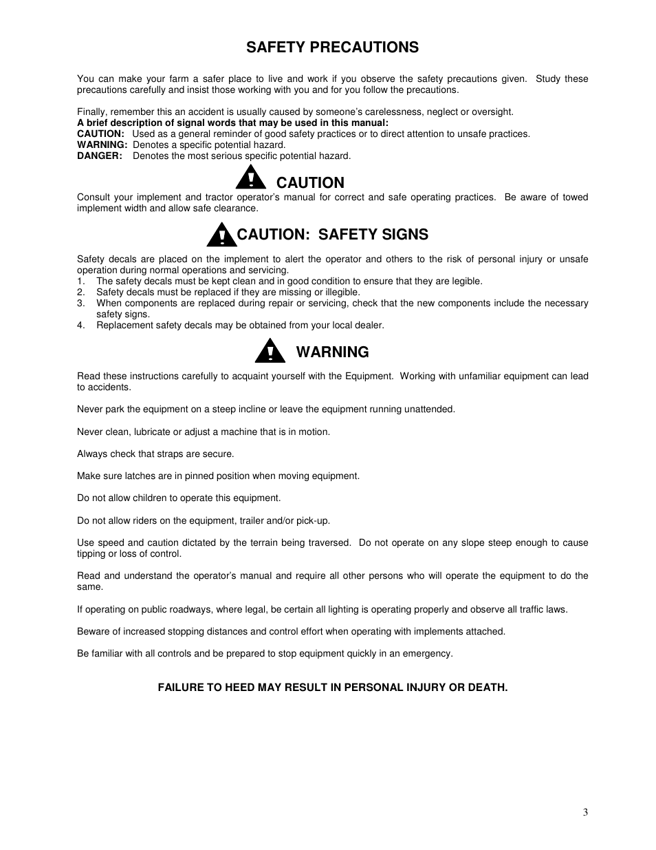 Safety precautions, Caution, Caution: safety signs | Warning | Yetter 2000 All Steer High Capacity Cart User Manual | Page 3 / 56
