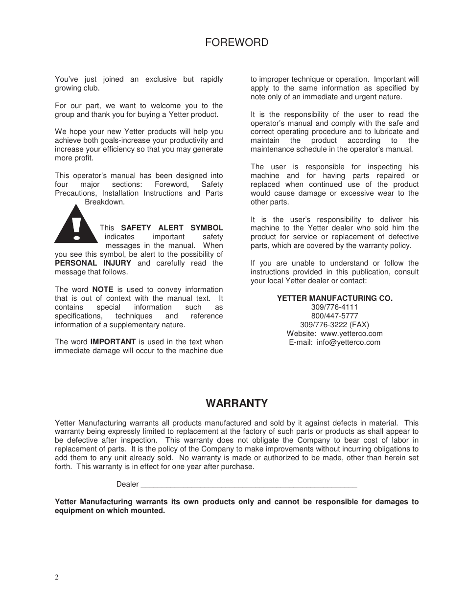 Foreword, Warranty | Yetter 2000 Series Vertical Tillage Tool (V.T.T.) User Manual | Page 2 / 56