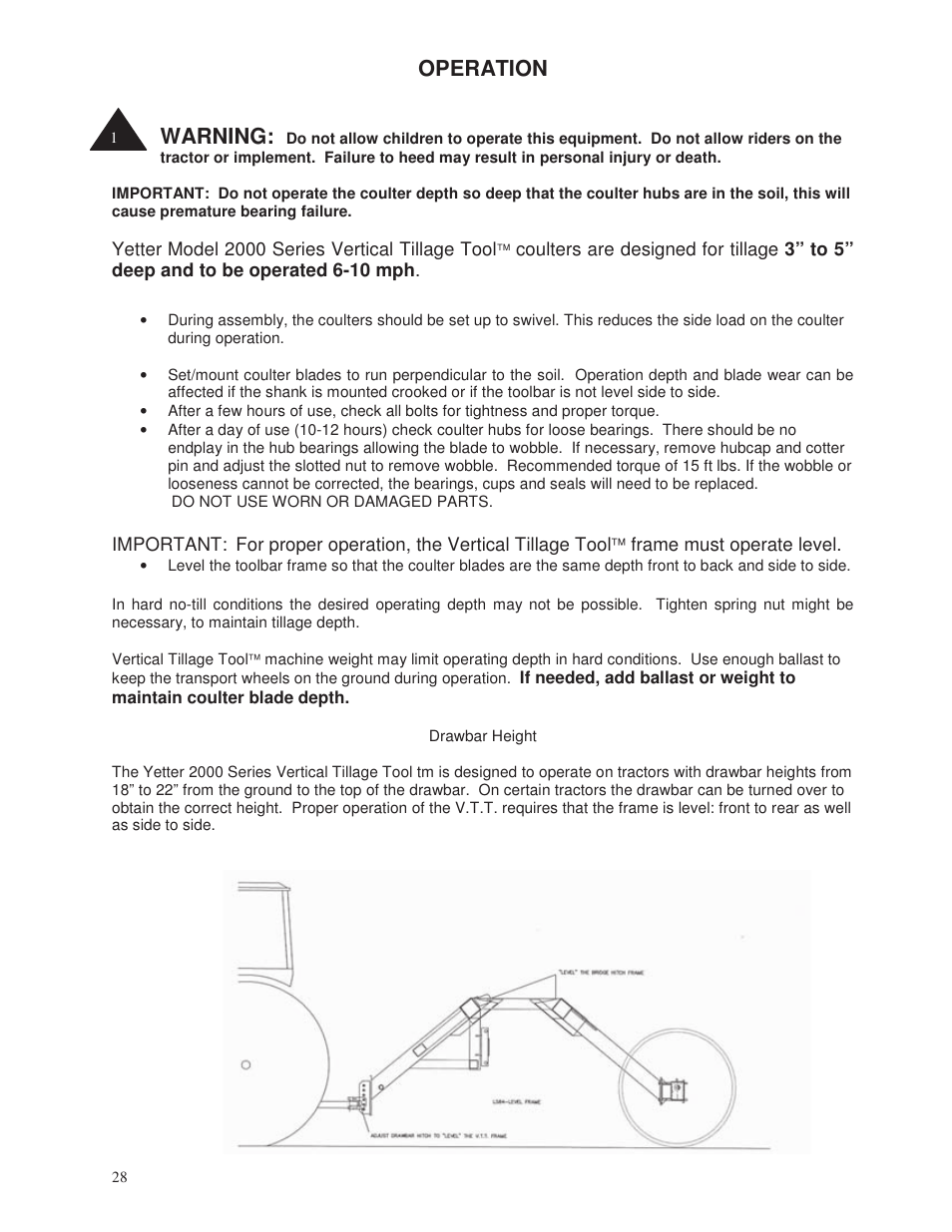 Operation, Warning | Yetter 2000 Series Vertical Tillage Tool (V.T.T.) User Manual | Page 28 / 56