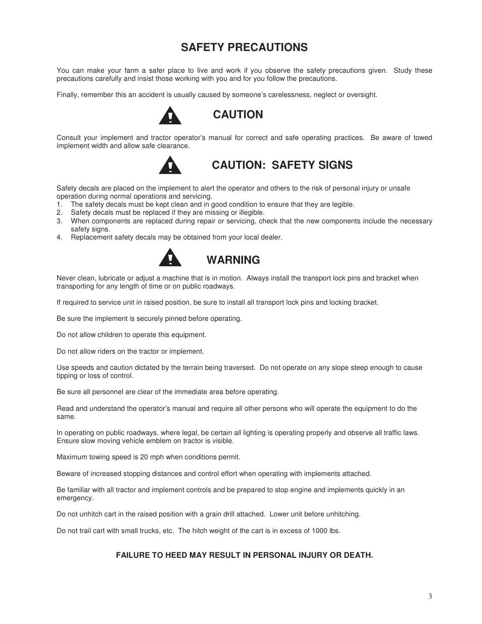 Safety precautions, Caution, Caution: safety signs | Warning | Yetter 2000 Series Vertical Tillage Tool (V.T.T.) User Manual | Page 3 / 56