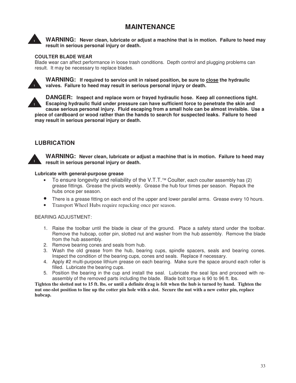 Maintenance | Yetter 2000 Series Vertical Tillage Tool (V.T.T.) User Manual | Page 33 / 56