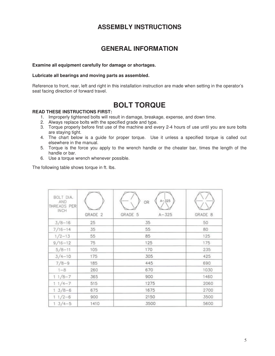 Bolt torque | Yetter 2000 Series Vertical Tillage Tool (V.T.T.) User Manual | Page 5 / 56