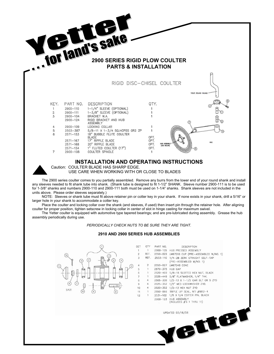 Yetter 2910 Series Spring Cushioned Plow Coulter User Manual | 2 pages