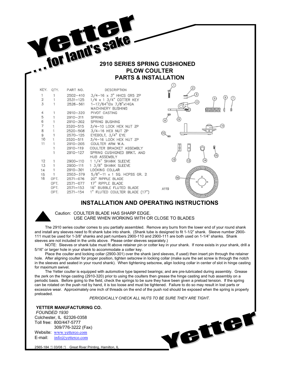 Yetter 2910 Series Spring Cushioned Plow Coulter User Manual | Page 2 / 2