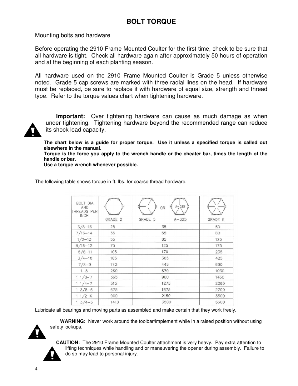 Bolt torque | Yetter 2910-042 Frame Mount Coulter User Manual | Page 4 / 16