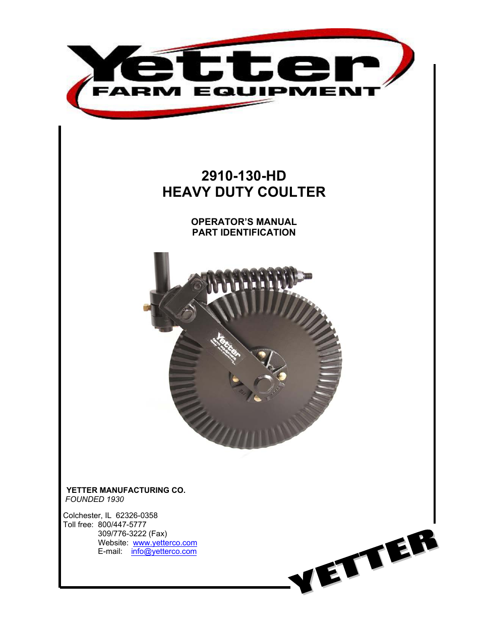 Yetter 2910-130-HD Heavy Duty Coulter User Manual | 12 pages