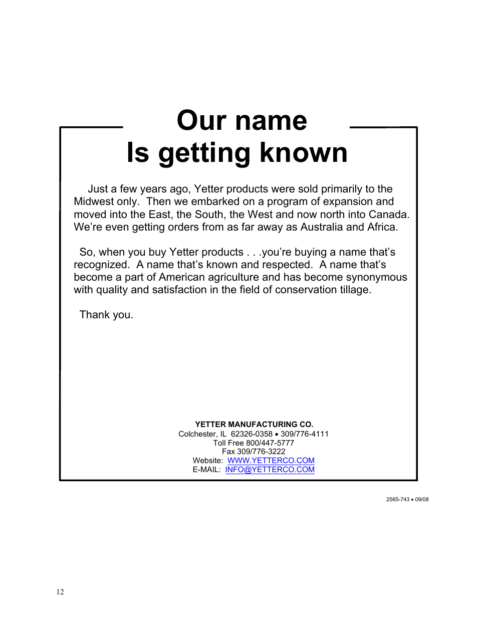 Our name is getting known | Yetter 2910-130-HD Heavy Duty Coulter User Manual | Page 12 / 12