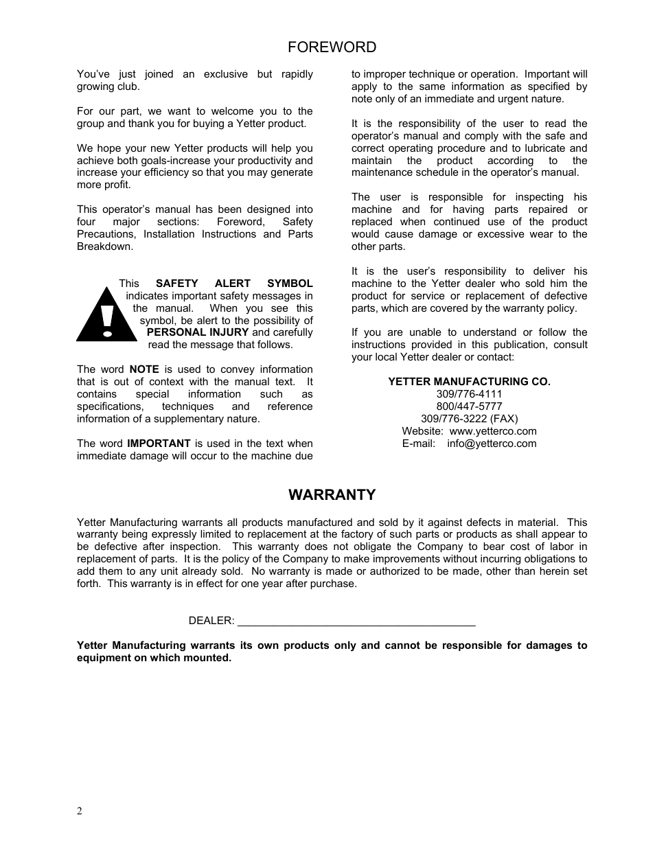Foreword, Warranty | Yetter 2910-130-HD Heavy Duty Coulter User Manual | Page 2 / 12