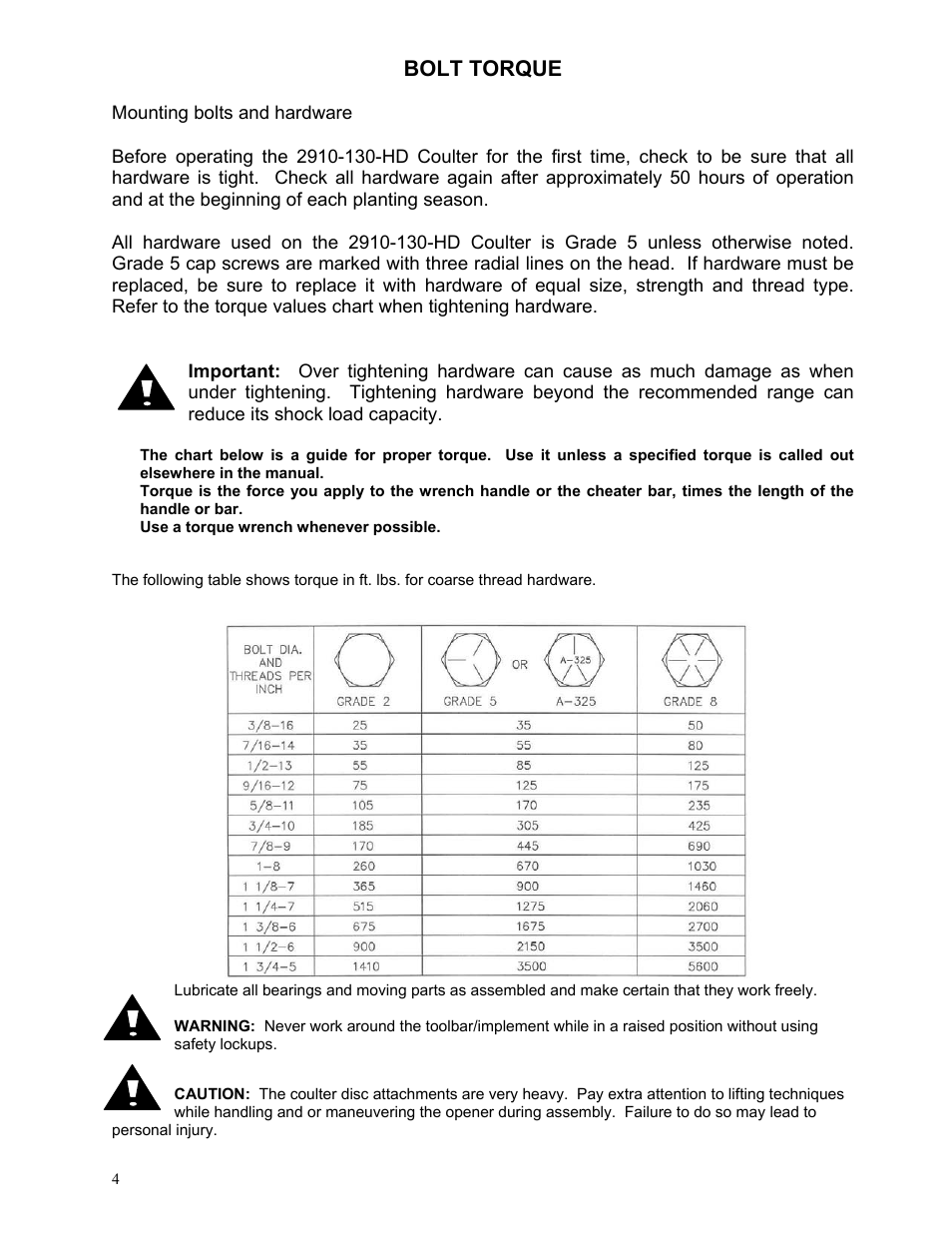 Bolt torque | Yetter 2910-130-HD Heavy Duty Coulter User Manual | Page 4 / 12