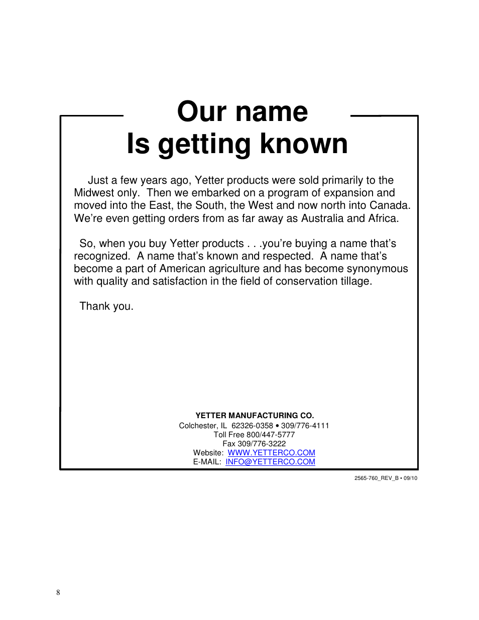 Our name is getting known | Yetter 2910-137 High Clearance Injector Kit User Manual | Page 8 / 8