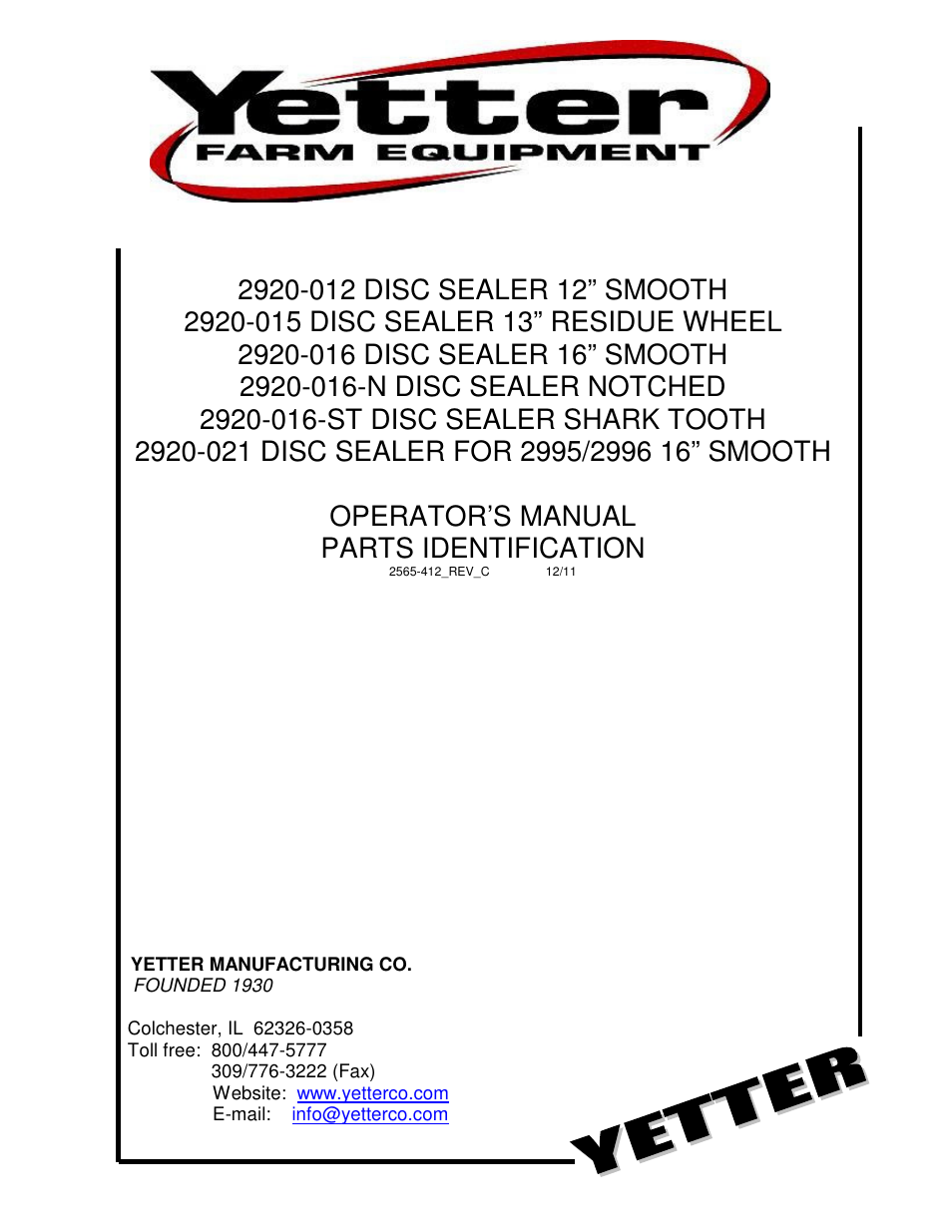 Yetter 2920 Disc Sealer User Manual | 16 pages