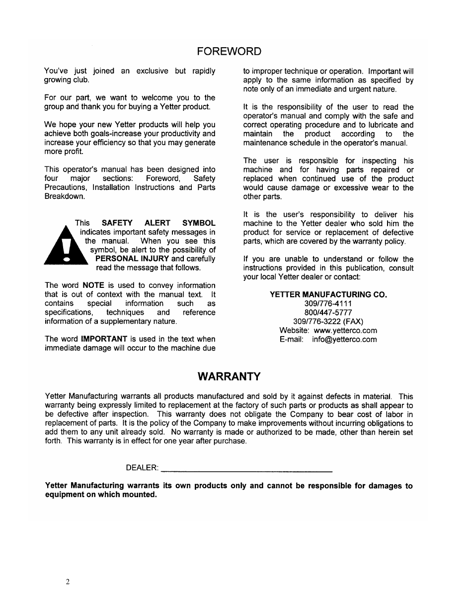 Yetter 2920 Disc Sealer User Manual | Page 2 / 16