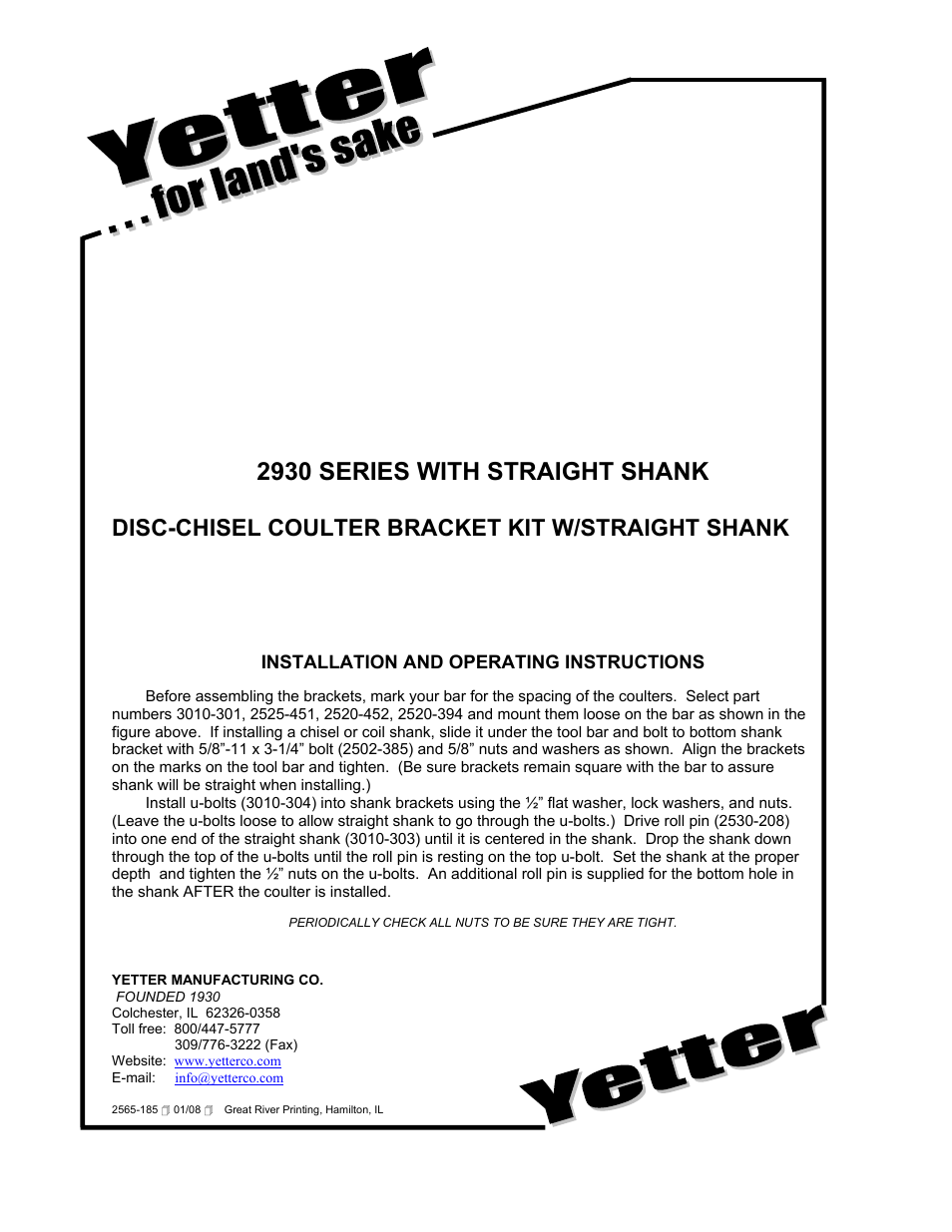 Yetter 2930 Series Coulter User Manual | 2 pages