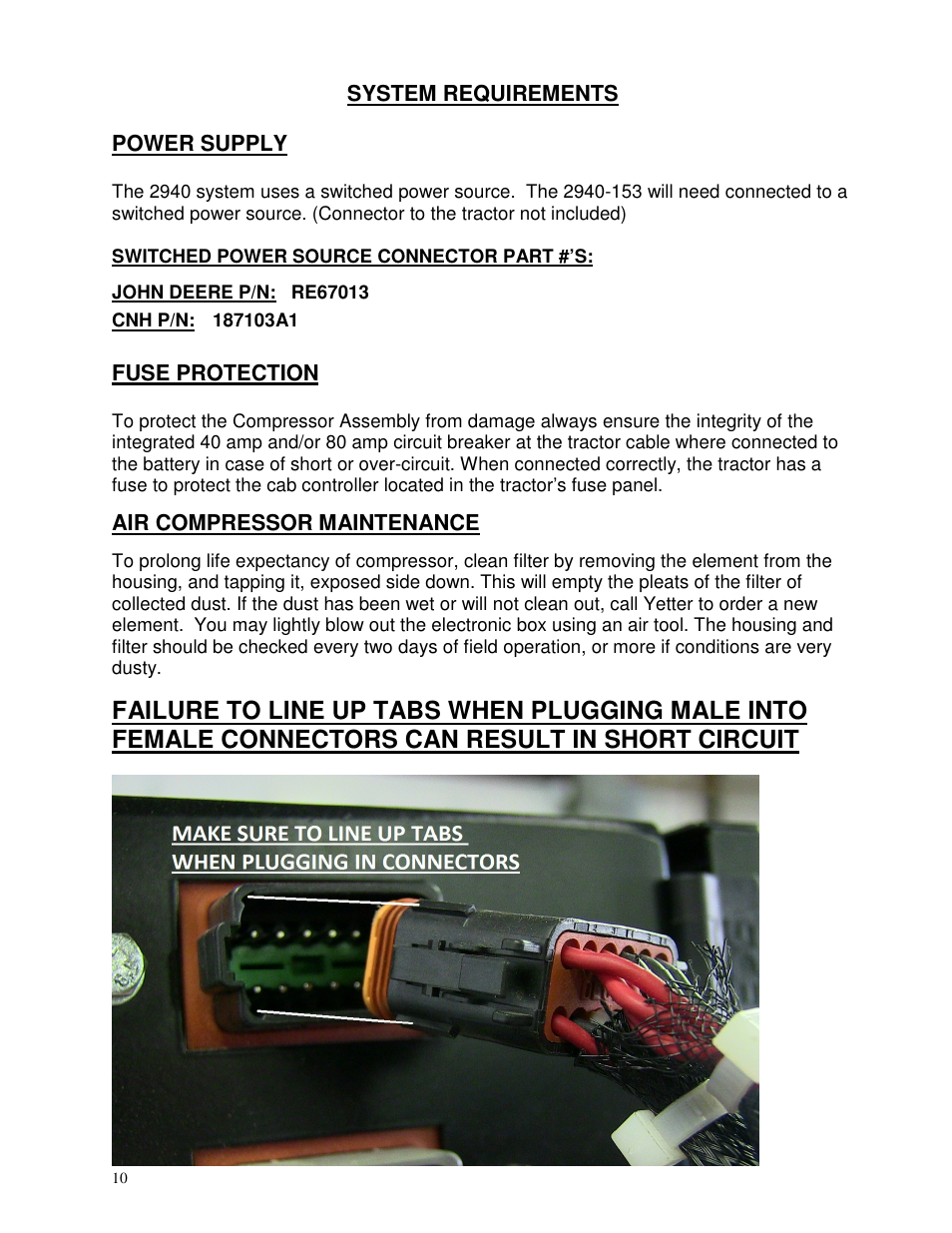 System requirements power supply, Fuse protection, Air compressor maintenance | Yetter 2940 Short Floating Air Adjust Residue Manager User Manual | Page 10 / 86