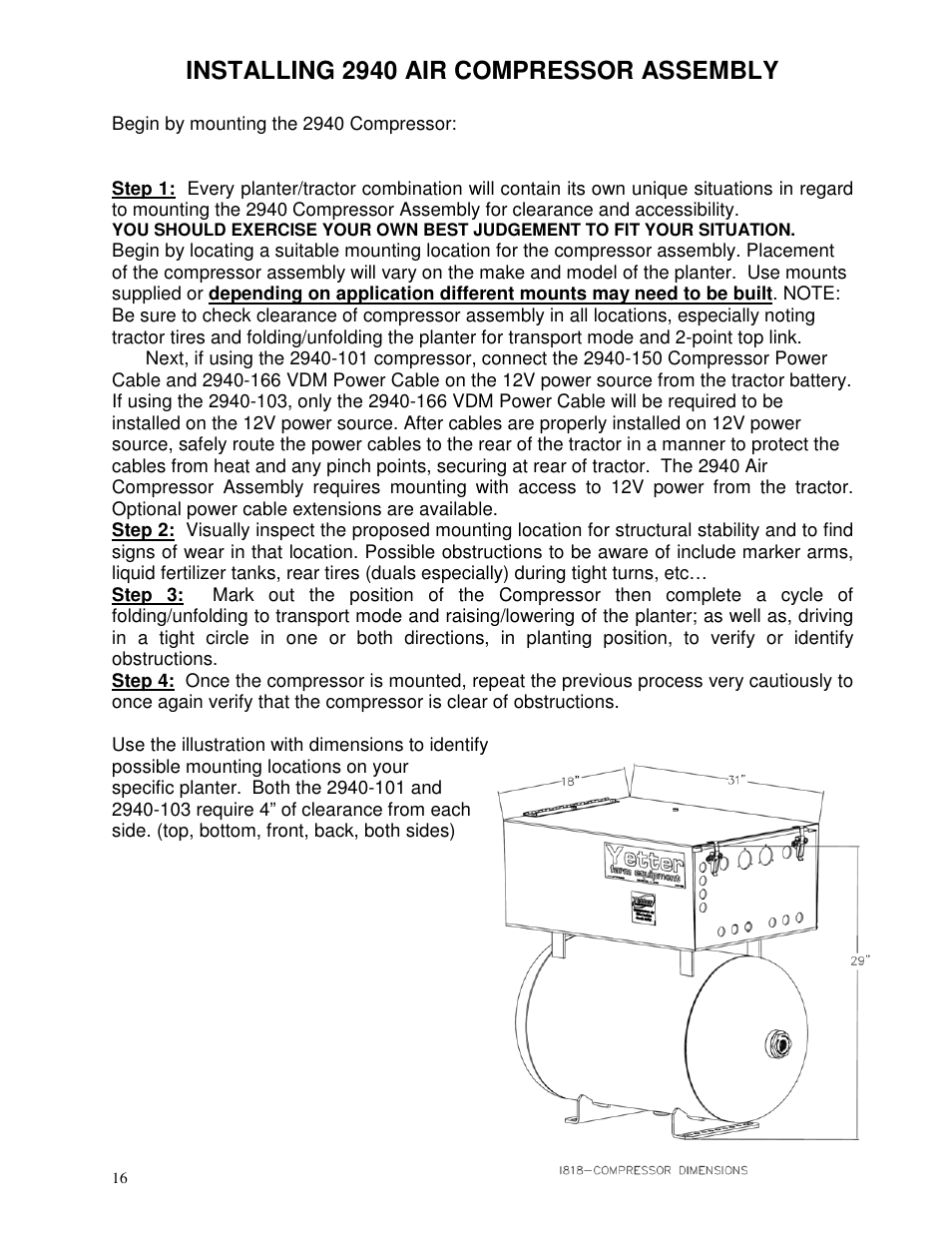 Installing 2940 air compressor assembly | Yetter 2940 Short Floating Air Adjust Residue Manager User Manual | Page 16 / 86